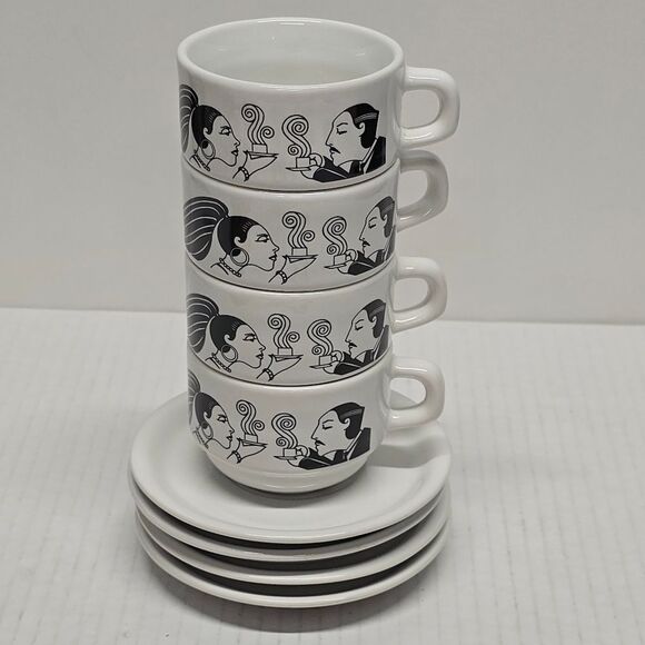 Set of Four Art Deco Flapper and Mustached Man Demitasse Cups and Saucers BRAZIL - Picture 1 of 9